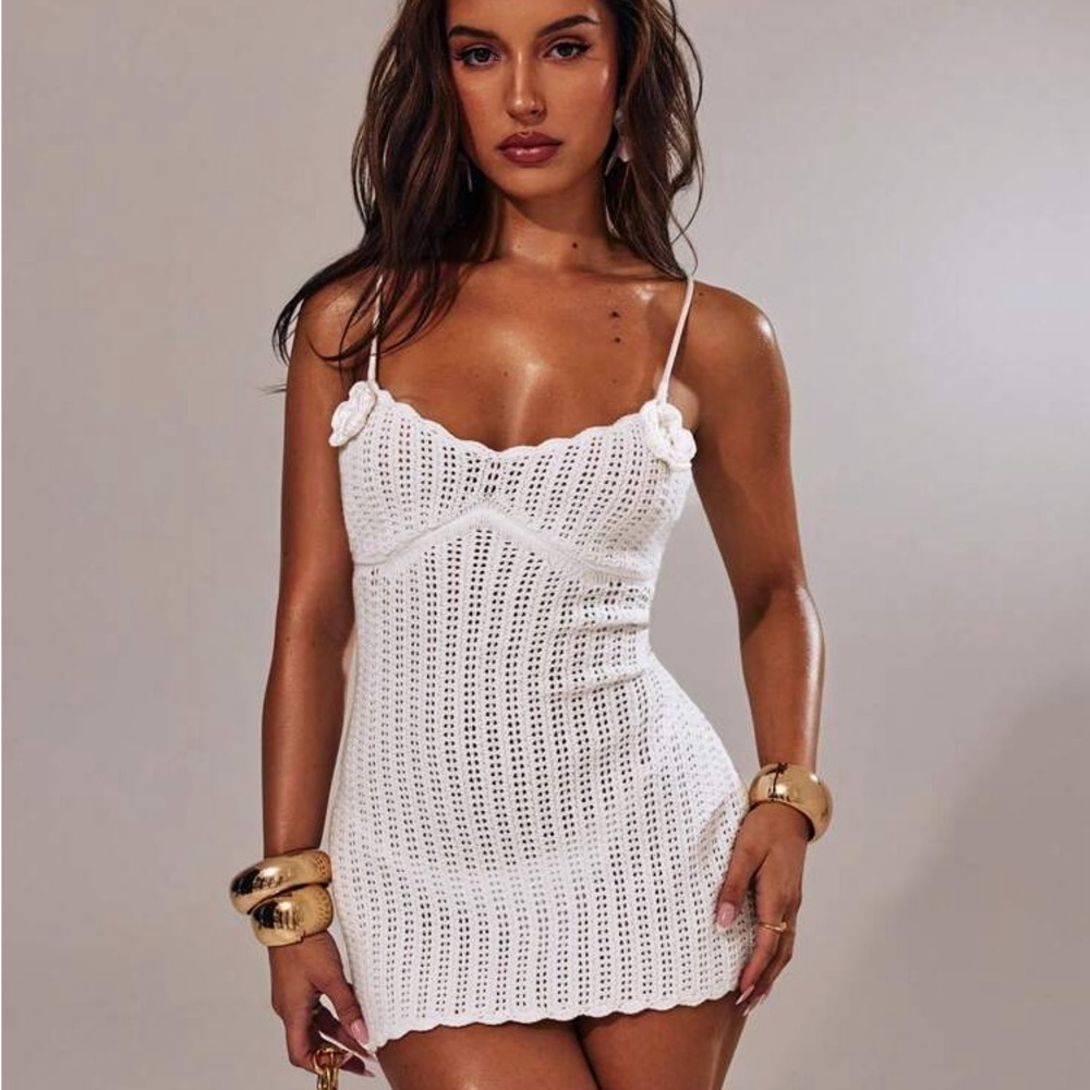 SHEIN White Crochet Knit Mini Coverup Dress